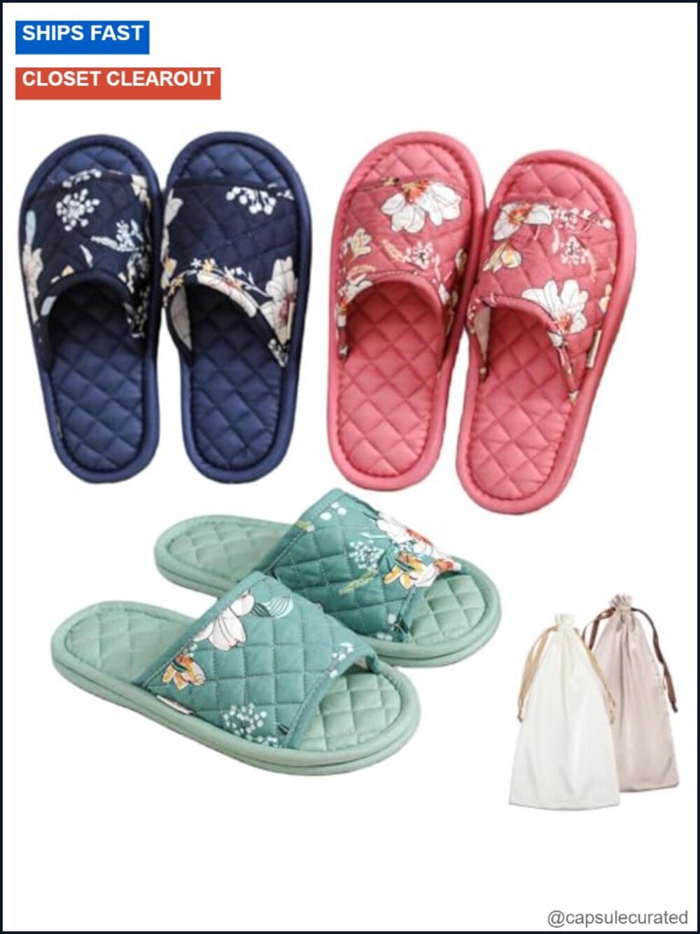 3 Pairs Floral Cotton Open Toe Indoor Slippers Washable Foldable Travel Spa